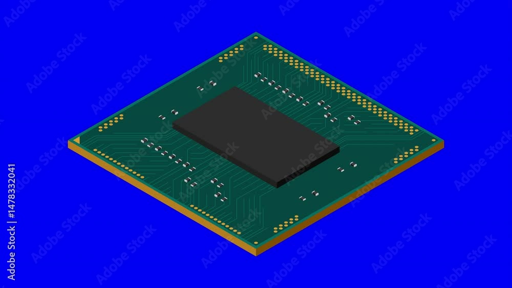 Fototapete Isometric processor animation. Central processing unit or CPU. Computer hardware components. Semiconductor technology concept. 4K animation