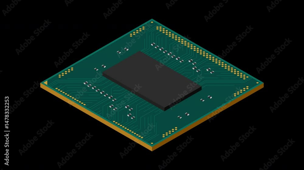Fototapete Isometric processor animation. Central processing unit or CPU. Computer hardware components. Semiconductor technology concept. Transparent background with alpha channel