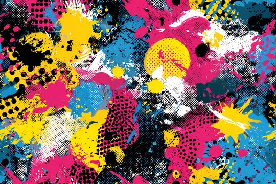graffiti pop art pattern with abstract paint splatters, vibrant CMYK palette, comic book background