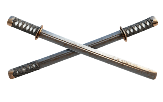 Fencing swords crossed in an X shape with metal blades gleaming, symbolizing strength and skill in fencing isolated on white background PNG