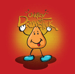 Funny chicken drumstick cartoon character holding its name on red background
