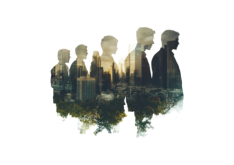 Silhouettes of people against a vibrant city skyline isolated on transparent background