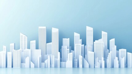Obraz premium Minimalist, paper-cut cityscape design on a light blue backdrop.