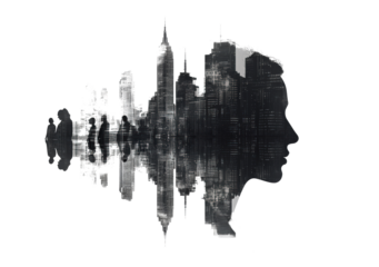 Silhouettes of people against a vibrant city skyline isolated on transparent background