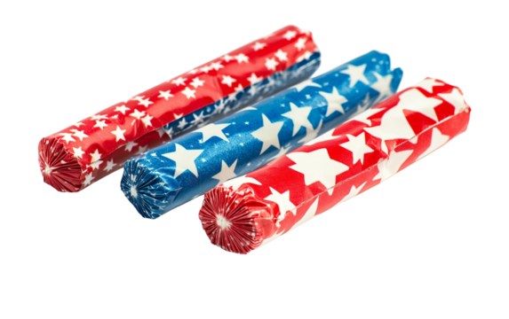 Firecracker pack with red, white, and blue wrappers, ready to light up the sky in celebration and festivity isolated on white background PNG