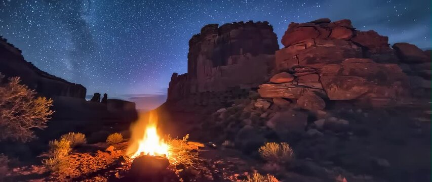 Anamorphic video Night in the Canyon with Relaxing Campfire Fire Burning 