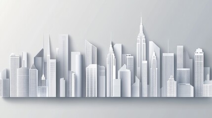 Monochromatic city skyline, papercraft style, architectural design.
