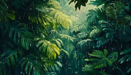 Fototapeta premium Lush rain forest foliage in a vibrant artistic style.