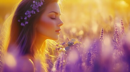 Fototapeta premium Beautiful Woman in Lavender Field at Sunset Golden Hour