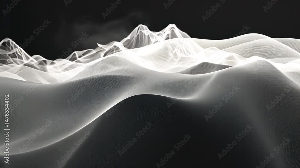 Poster mesmerizing abstract design of flowing waves and peaks, featuring delicate lines and curves in monoc