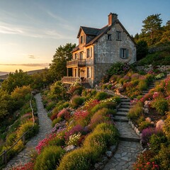 Obraz premium modern house on hill and flower garden