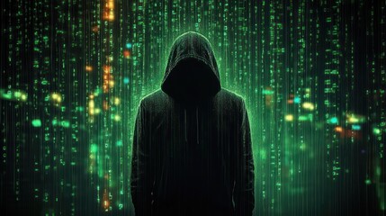 Dark hooded figure standing amidst cascading green digital code and glowing data streams creating mysterious and futuristic atmosphere