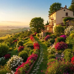 modern house on hill and flower garden