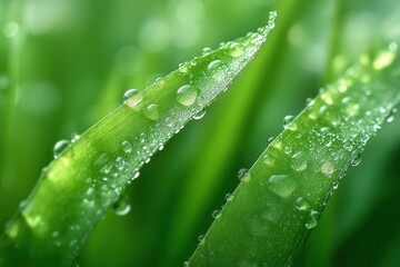 Close-up of green leaves covered with fresh water droplets reflecting light, showing natural texture and vibrant freshness