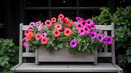 Colorful Petunias in Wooden Planter on Bench