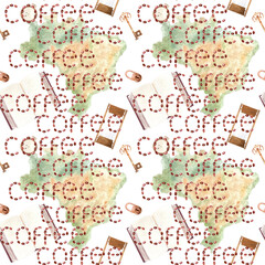 Fototapeta premium A map of Brazil with a word coffee written across, an open journal, hourglass, key vertical watercolor pattern isolated on white background. Hand drawn art great for packages, menu, ads, wall decor