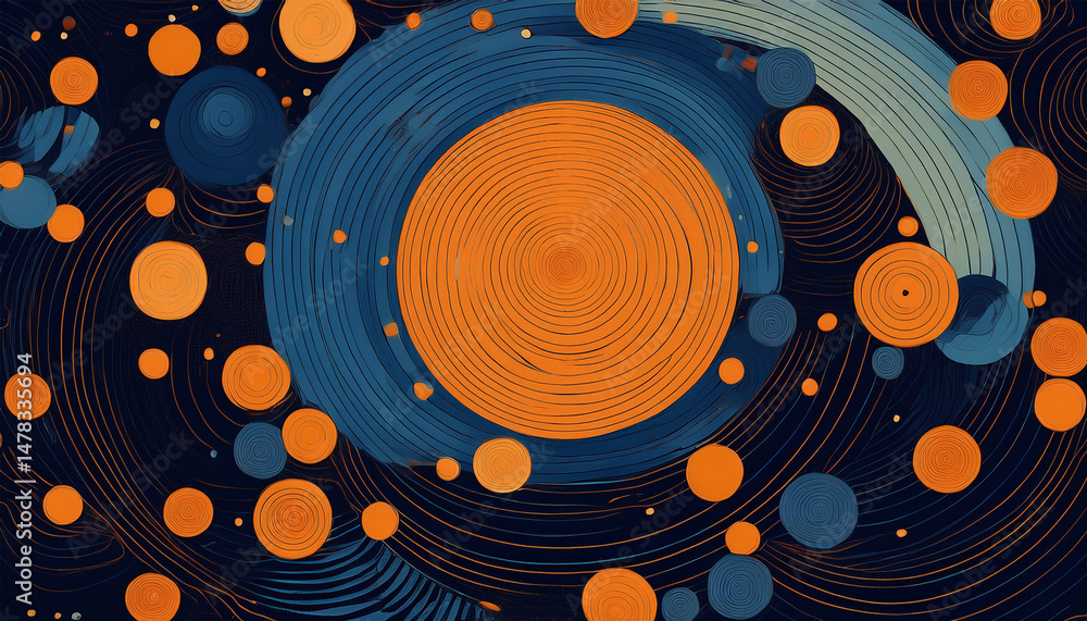 Poster abstract blue and orange circle composition dark background scattered pattern minimalist design abst
