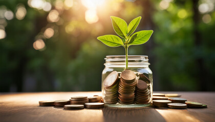 growing wealth a jar of coins with a green plant symbolizing financial growth and sustainability