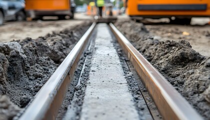 Close-up view of concrete track laying on a city street.