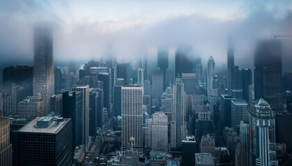 bleak city skyline shrouded in mist