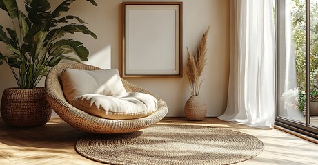 Cozy Room Mockup with Circular Wicker Chair Fur Throw Pillow Blank Framed Picture Plant and Natural Light

