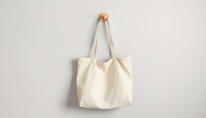 Natural Cotton Tote Bag Hanging on a Wooden Hook Against a Textured White Wall Background in a Studio Setting
