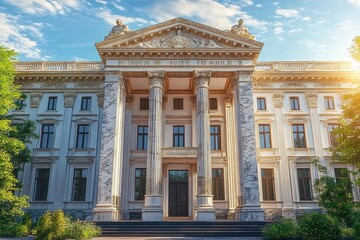 Obraz premium Grand neoclassical building with tall marble columns surrounded by green trees under a blue sky with soft sunlight