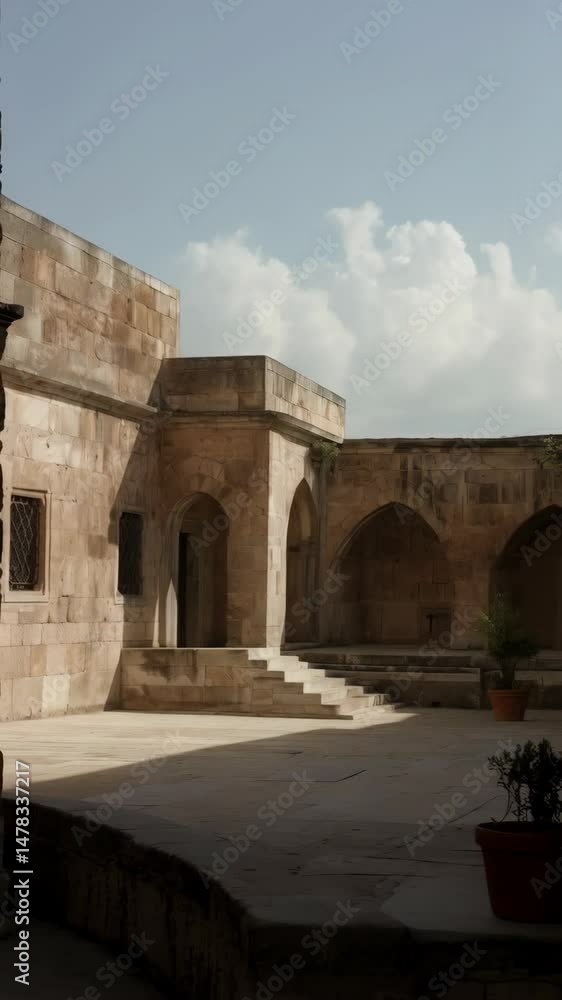 Poster architecture of a stone building with arches and stairs, casting shadows on the patterned stone cour