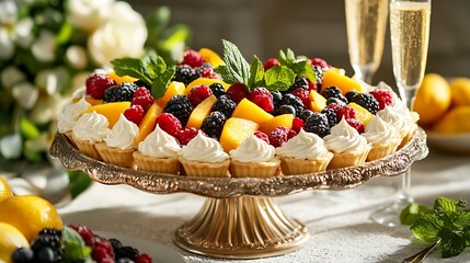 Obraz premium Assorted Fruit Tarts with Whipped Cream on a Pedestal Stand
