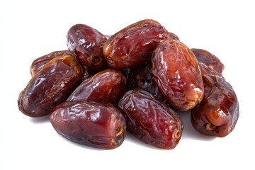 Obraz premium A pile of sweet, dark brown dates, glistening and plump, against a bright white background.