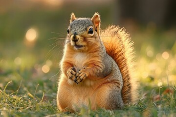 Obraz premium cute squirrel sitting on grass with soft sunlight glowing behind and curious expression