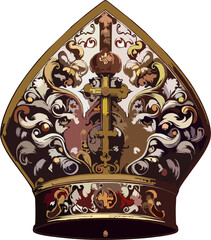 Royal Baroque Papal Mitre Vector with Ornamental Cross and Golden Crown – Luxurious Catholic Bishop Hat Illustration
