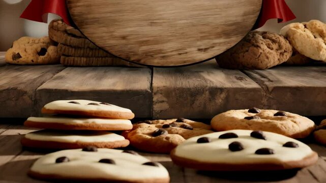 Rustic wooden plaque with red ribbon on wood table surrounded by delicious assorted fresh baked cookies