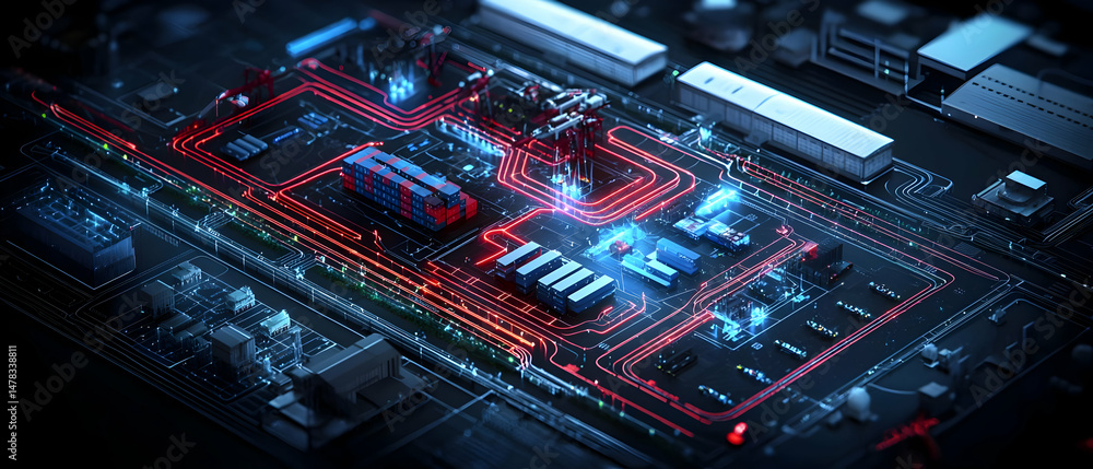 Poster abstract circuit board design with glowing red and blue components