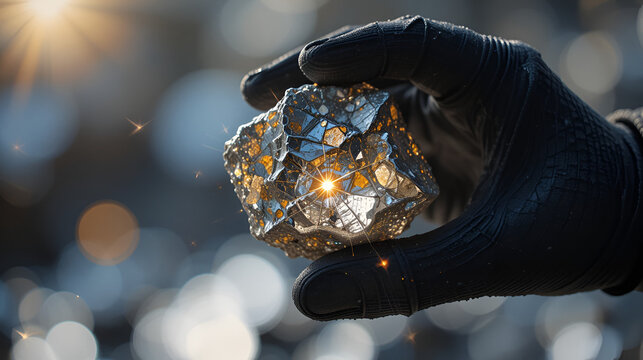 Gloved hand holding a raw metallic ore sparkling in the light against a blurred background.