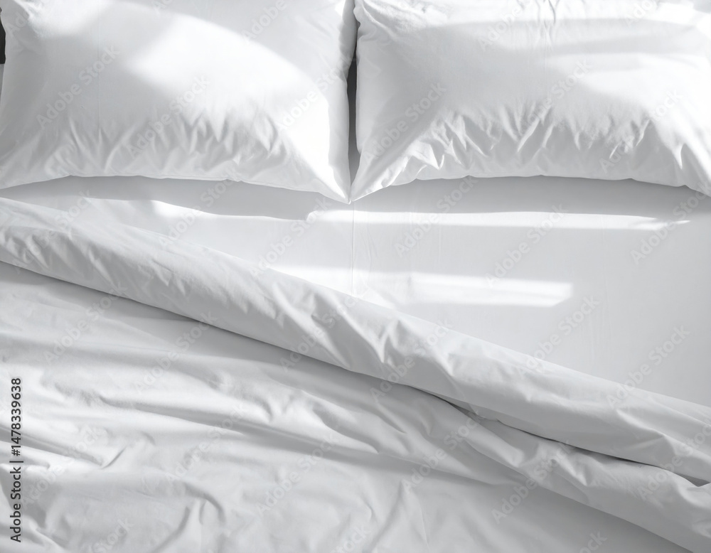 Poster fresh white bedding set with soft texture and sunlight casting gentle shadows, creating serene atmos