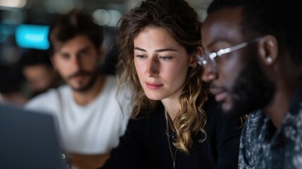A closeup of a diverse team of developers reviewing code on laptops deeply engaged in discussions about ethical AI deployment featuring notes on potential societal impacts and regulatory