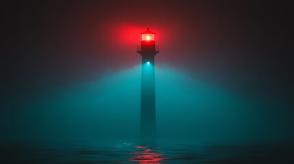 Beacon in the Mist: A solitary lighthouse, its radiant red and blue lights piercing through a thick, atmospheric fog, guiding ships with unwavering reliability.