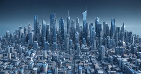 Intricate blue print style city panorama, abstract geometric shapes, skyscraper, blue