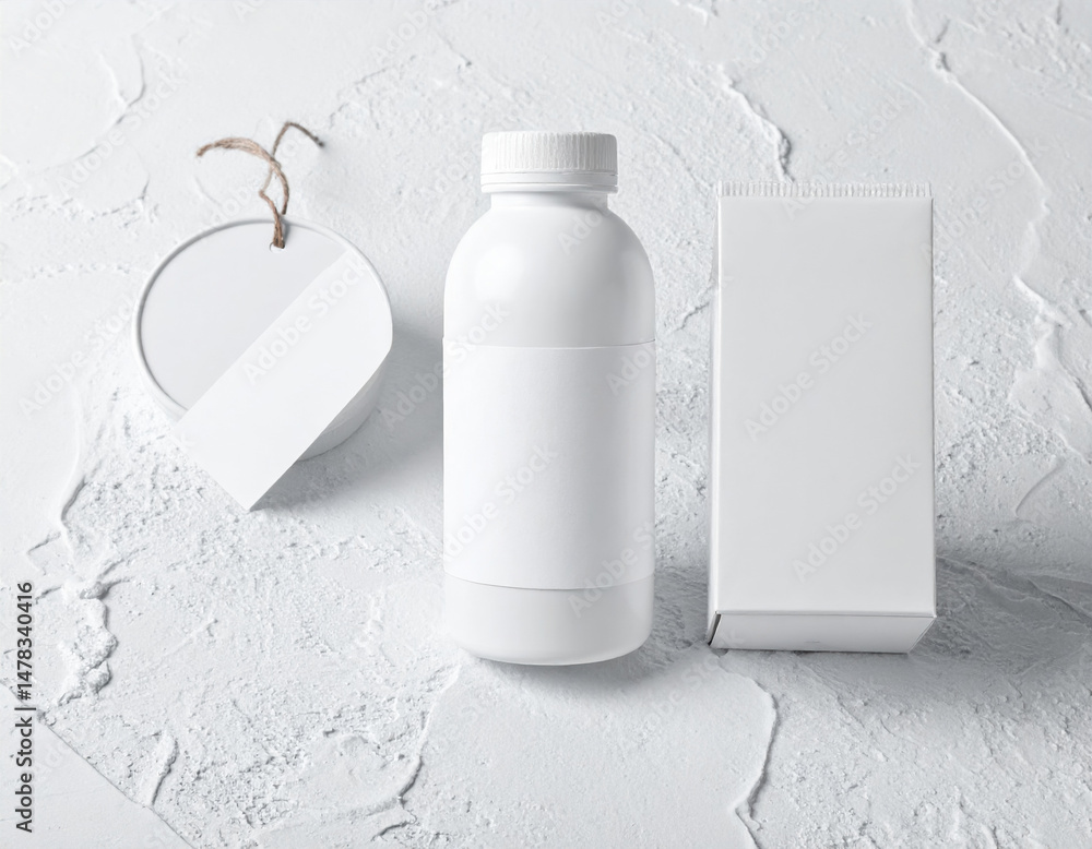 Poster clean and minimalistic product mockup featuring white bottle and box on textured surface, perfect fo