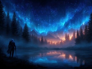 Obraz premium Mystical Night Sky Above Majestic Mountain Lake With Glowing Aurora Reflections and Lone Traveler Exploring Forest Under Starry Northern Lights Landscape Scene