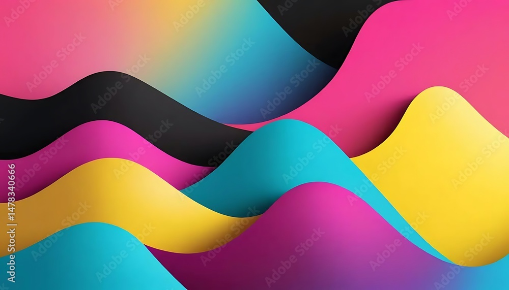 Poster abstract vibrant layers create a dynamic composition with flowing forms and contrasting colors.