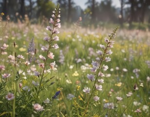 Fototapeta premium Delicate blossoms sway gently in breeze, painted meadow, blossom, soft