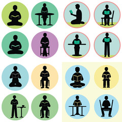 Silhouettes of people reading and using laptops