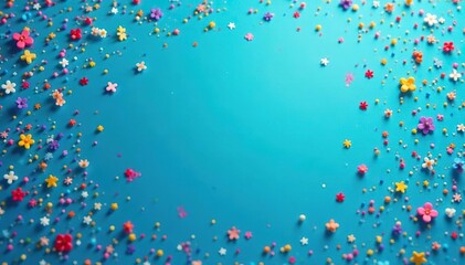 Vibrant blue background scattered with colorful sprinkles , fun, candy, background texture