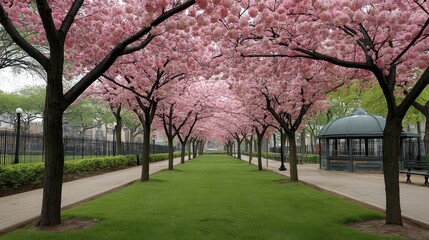 Naklejka premium Vibrant pink cherry blossoms in full bloom, iconic NYC park setting Lush greenery, beautiful springtime scene - full bloom pastel