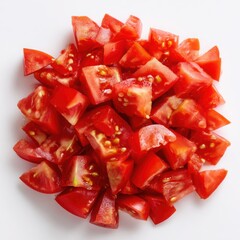 Diced Tomatoes Recipe Ingredient - Fresh Red Tomato Pieces Stacked on White Background, Food Photography
