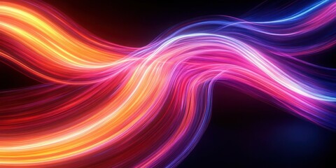 Fototapeta premium Dynamic flowing abstract waves of light in vibrant orange, pink, purple, and blue hues on a dark background conveying energy and motion