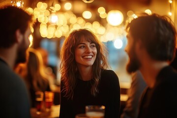 Smiling woman with brown hair chatting happily with two men in a warmly lit social setting with blurred decorative lights in the background