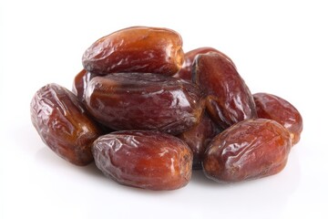 Obraz premium A pile of sweet, dark brown dates on a white background.